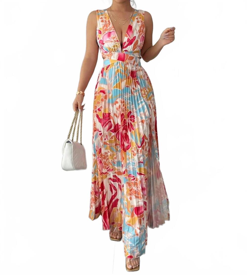 NEW FAIRE floral print v-neck slit pleated maxi dress in multicolor